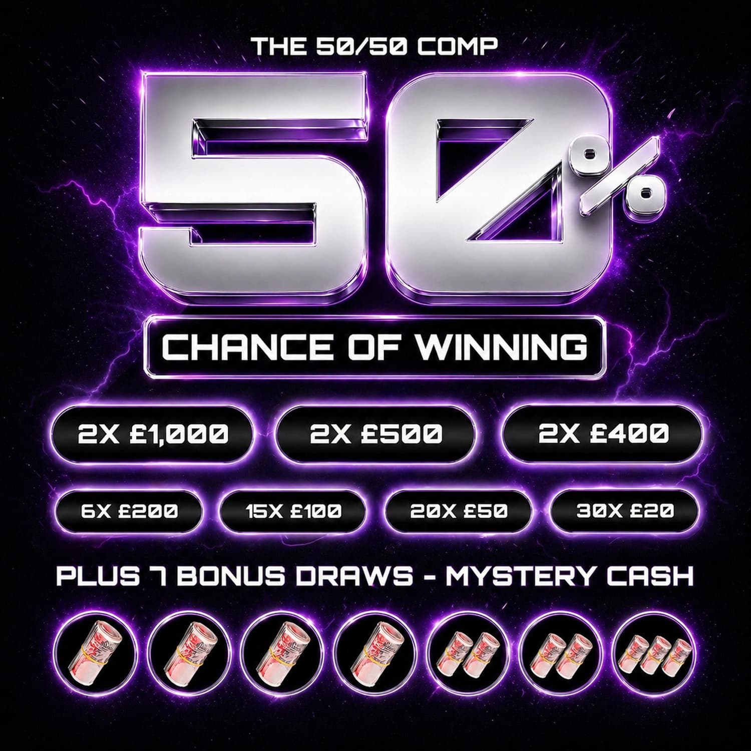 50/50 + 7 Mystery Cash Bonus Prizes