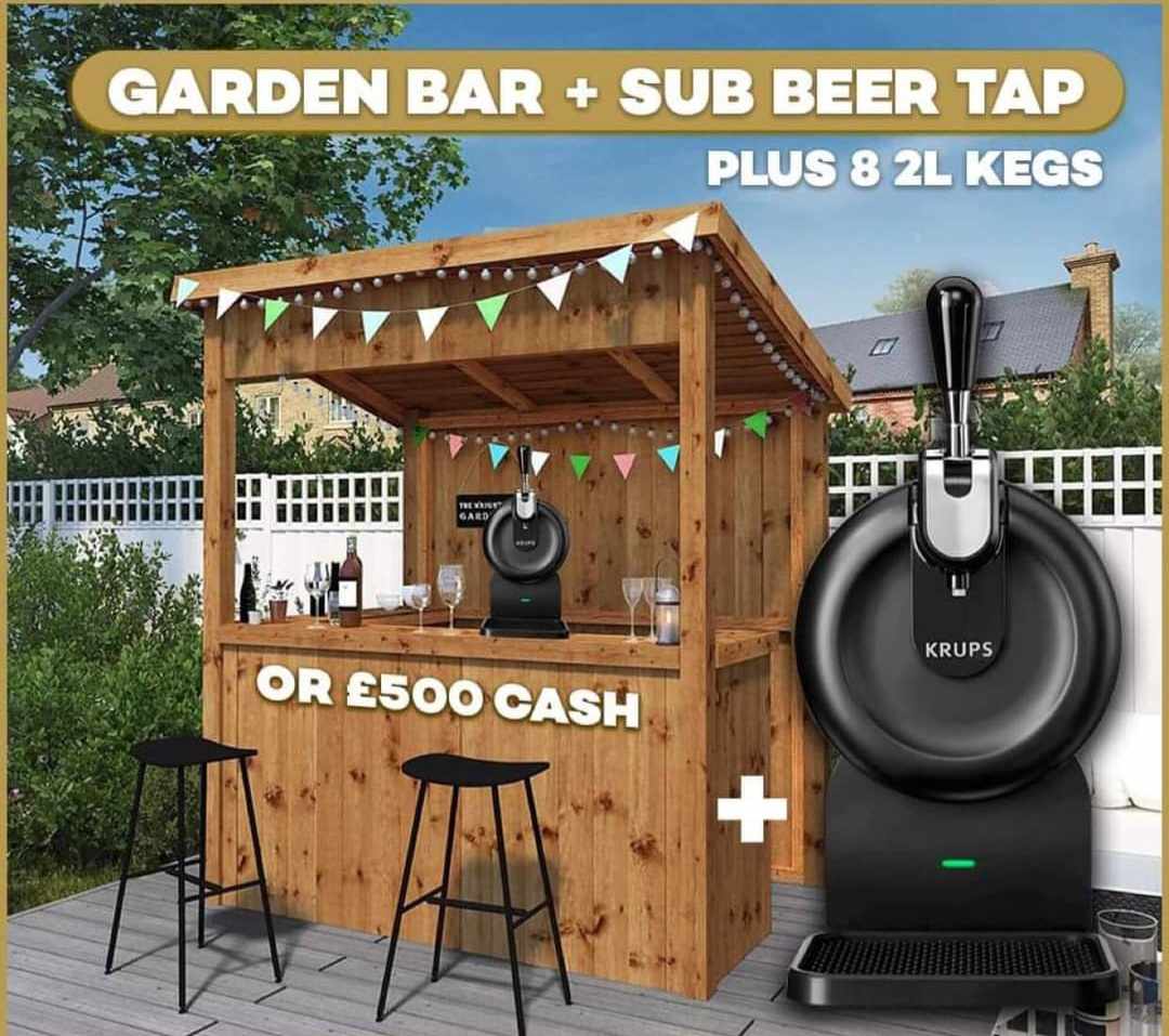WIN THIS GARDEN BAR + SUB BEER TAP + 8X 2L KEGS FOR JUST £2.50 All For Giveaways